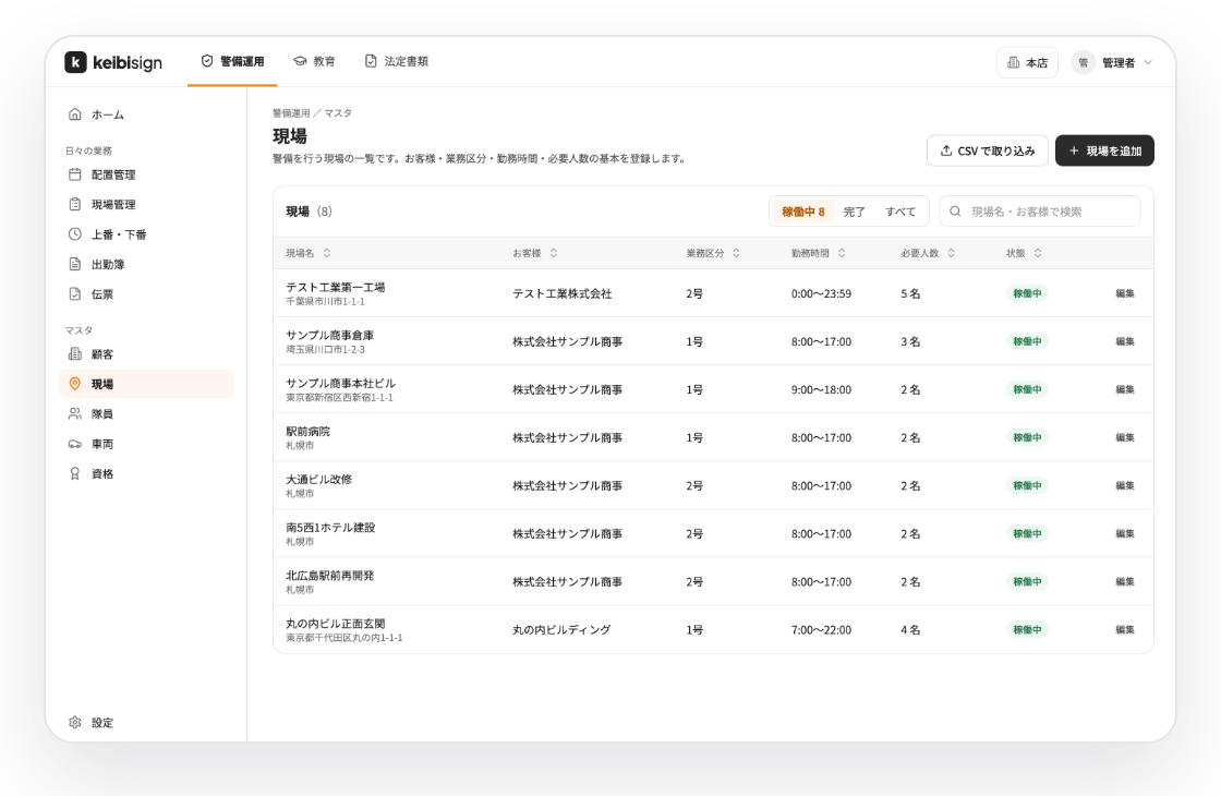 現場マスタの画面